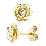 MOTIBACK Pendientes – Delicados pendientes de rosas en plata y oro | Pendientes hipoalergénicos para niñas y mujeres | con brillantes circonitas, talla única, Acero aleado, Sin piedra preciosa