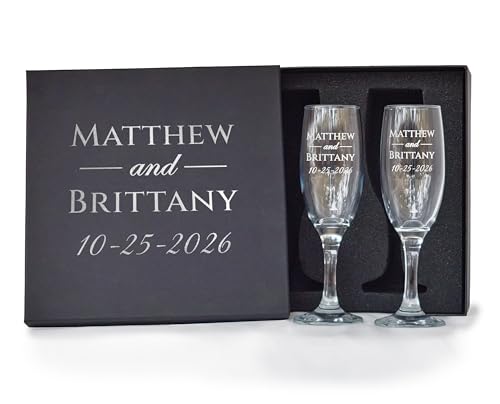 Personalized Champagne Flutes Set of 2 – Custom Engraved Wedding Glasses with Names & Date – Elegant Toasting Flutes for Bride & Groom, Anniversary, or Mr and Mrs Couple Gift