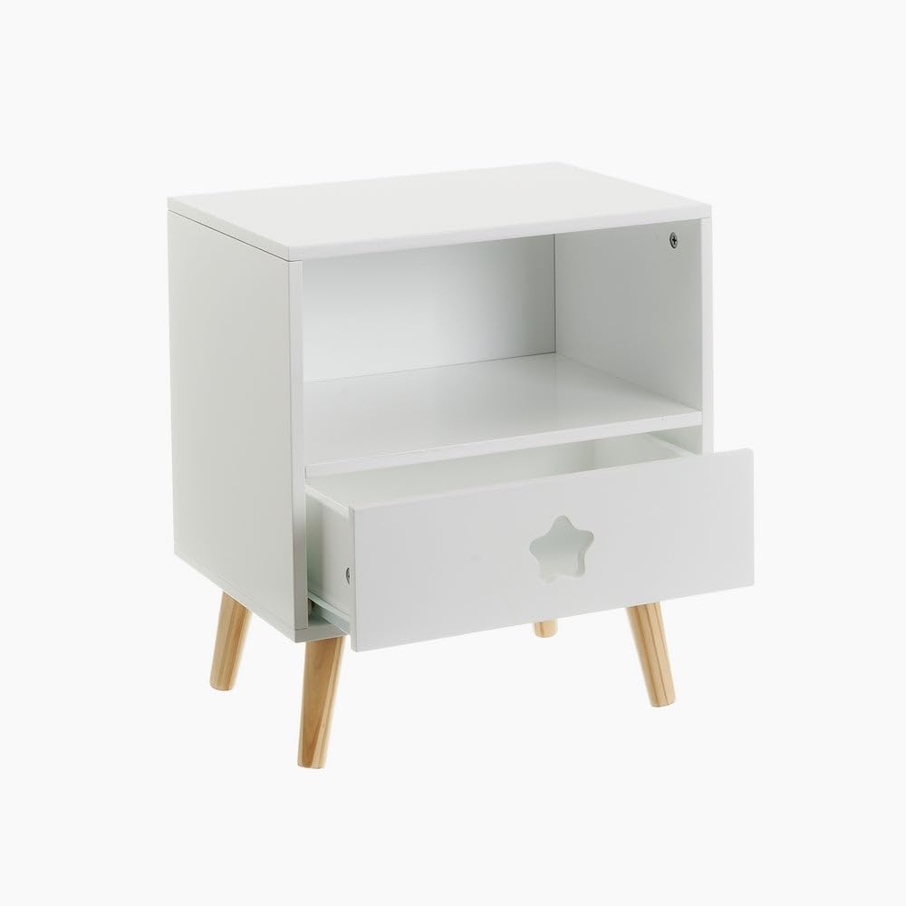 LOLAhome - Mesita de Noche Infantil con Estrella Tallada en Madera de Pino Blanca de 40x30x50 cm. Incluye cajón con guías metálicas para organizar Objetos y Dar un Toque Dulce al Dormitorio.