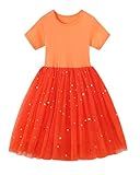 Marchrol Girls Dress Short Sleeve Mesh Tunic Cotton Playwear Casual Dresses, Orange, Size 9-10 Years = Tag 150