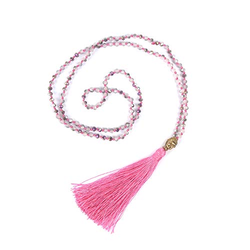 VEINTI+1 Bohemia Crystal Glass Beads with Golden Buddha Head and Tassels Long Sweater Chain Women s Necklace (I-Deep Pink)