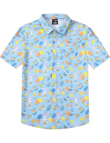 MOMBEBE COSLAND Niños Pascua Botón Abajo Camisa Niños Conejito Pascua Huevo Camisa Hawaiana, Azul, S, 7-8 Años