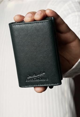 Image of BLACKTHORNE Leather Trifold Wallet for Men | Stylish RFID Blocking Slim Wallet with Metallic Card Holder, Slide Button Pop-Up, Zipper Coin Pocket & Magnetic Closure (Olive Green)