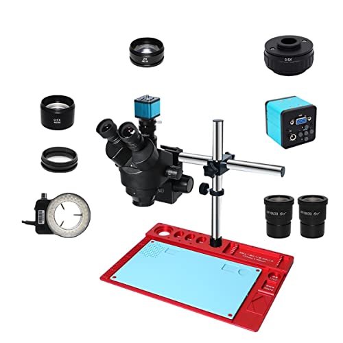 Microscope for PCB Soldering Repair Lab Industrial 7X 45X 90X Double Rod Simul-Focal Trinocular Stereo Microscope 1080P VGA 38MP HDMI Camera(VGA add 0.5X C Mount)