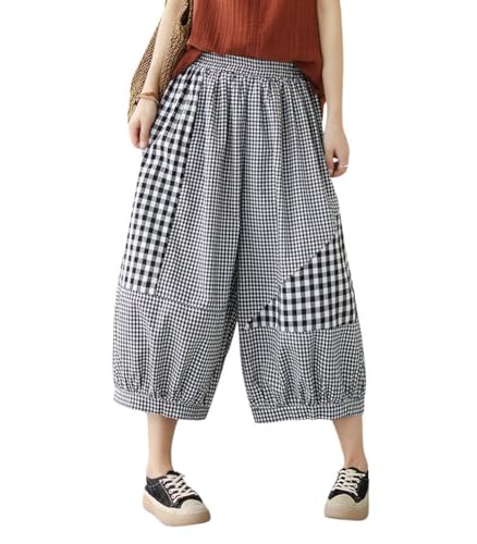chouyatou Women's Retro Plaid Wide Leg Cropped Pants Elastic Waist Capri Harem Pants with Pockets