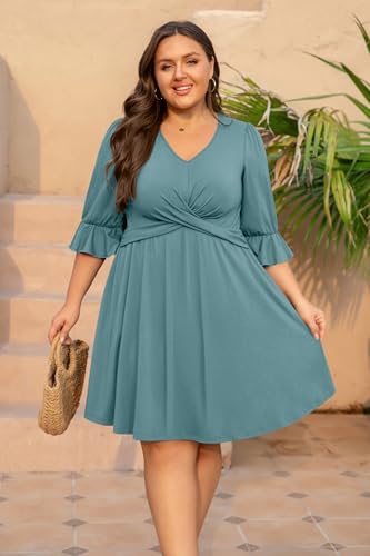 Image of Manllenshie Women's Plus Size 2 Pockets Dresses 3 /4 Ruffle Sleeve V Neck Crossover Flowy Pleats Casual Fall Loose Dress