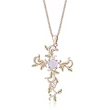 SOULMEET Cross Pendant Necklace Jewelry Gift for Women Sterling Silver Simulated Opal Rose Gold Plated Leaf Necklace for Love God We Trust