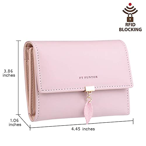 Ft Funtor Rfid Wallets For Women, Leaf Card Holder Trifold Ladies Wallets Coins Zipper Pocket With Id Window Pink #TOP4