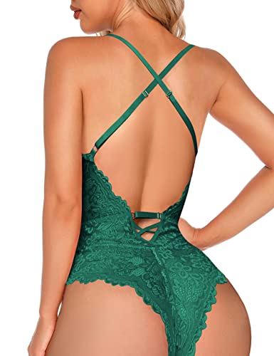 Faroro Women One Piece Bodysuit Lingerie Deep V Sexy Lace Lingerie Green Criss Cross Straps Teddy Babydoll