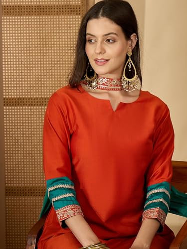 Image of EthnicJunction Women's Cotton Silk Embroidered Asymmetric Kurta Pant with Choker Dupatta Set | Wedding Outfit | Heavy | Kurta Set | Ethnic Set