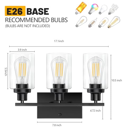 Bathroom Light Fixtures, 3-Light Vanity Lights, Black Bathroom Vanity Light with Clear Glass Shade, Modern Wall Lamp with Metal Frame, Wall lamps for Bedroom Washroom Living Room Hallway E26 Base - Thumbnail 5