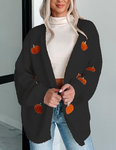 Image of Women Holiday Sequin Cardigans Funny Graphic Button Embroidered Sweaters Cute Open Front Knit Long Sleeve Coat Tops