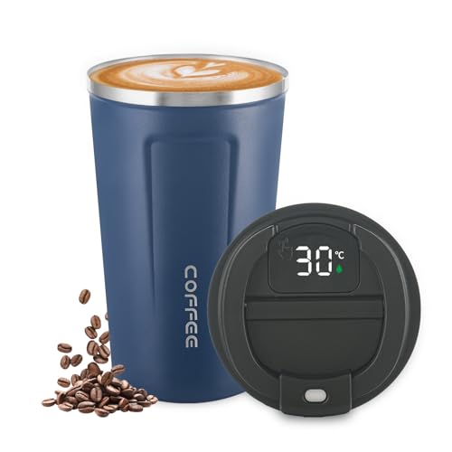 Newvenper Taza de café de acero inoxidable con indicador de temperatura LED, a prueba de fugas, con tapa, mantiene el frío y el calor, adecuado para café, té y cerveza (azul)