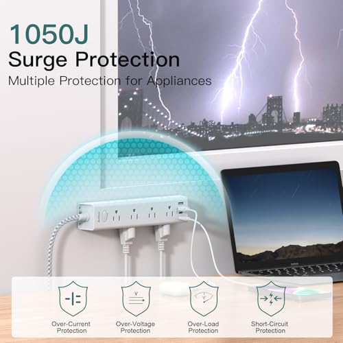 Surge Protector Power Bar - 10 FT Extension Cord, Power Strip with 12 Widely AC Outlet 4 USB, Flat Plug, Wall Mount Overload Protection, 1050J, Desk Charging Station for Dorm Home  image 4