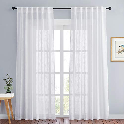 PONY DANCE White Sheer Curtains 84 Inch Length for Living Room 2 Panels Light Filtering Sheer Linen Textured Curtain for Bedroom Back Tab Rod Pocket Drapes Rustic Boho Farmhouse Decor 7 FT Long