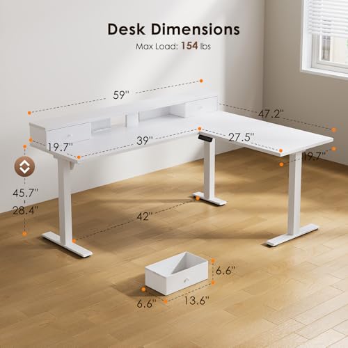 Image of Casaottima 59 Inch Electric L-Shaped Standing Desk with Drawers, Height Adjustable Stand Up Corner Desk with Monitor Stand, Lift Table for Home, Office, Workstation, White