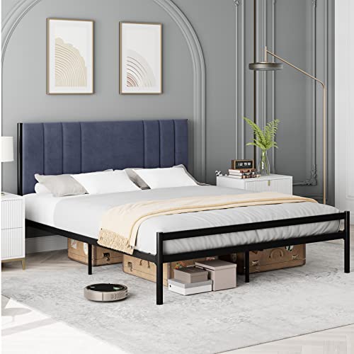 Homhougo Twin Bed Frame, Platform Bed Frame With Velvet Headboard, Heavy Duty Metal Bed Frame With 15 Strong Slats Support, Box Spring Optional, Easy Assembly, Grey #TOP20
