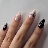 MERVF Medium Press on Nails Almond Fake Nails Black and White Glue ons Bow Stiletto Acrylic False Nails with Polka Dots Design Glossy 30pcs