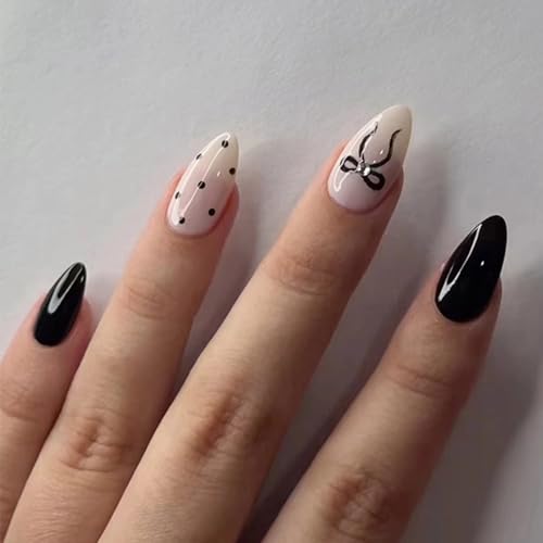 MERVF Medium Press on Nails Almond Fake Nails Black and White Glue ons Bow Stiletto Acrylic False Nails with Dot Design Glossy 30pcs