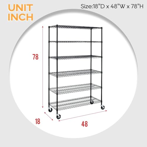 Image of BestOffice | 6-Tier Wire Storage Shelves with Wheels | 18x48x78 | Black | Adjustable Racks | Heavy-Duty Metal Shelf, Holds Upto 600 lbs | No-Tool Assembly | Ideal for Home & Garage Shelving