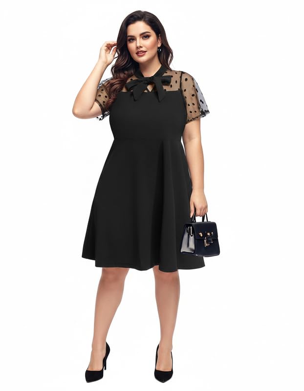 C4D Women's Plus Size Contrast Mesh Short Sleeve Bow Tie Neck Coc...