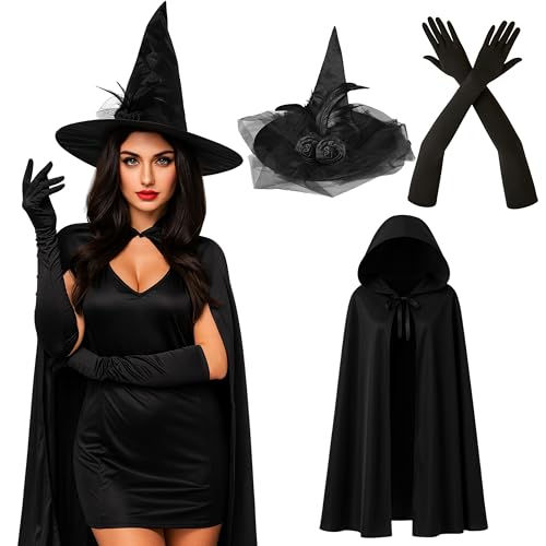 REDSTAR FANCY DRESS 3pc Womens Witch Costume Halloween Accessories Adult - Black Hooded Cloak Long Black Gloves and Lace Witch Hat Halloween Costumes for Women World Book Day Outfits