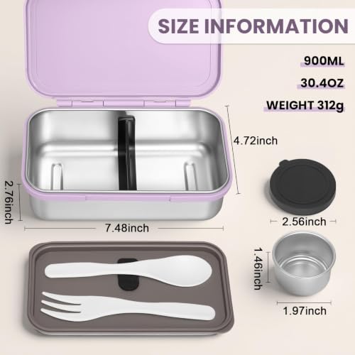 Image of JSLOVE Stainless Steel Lunch Bento Box for Adult, 30oz Leak-Proof Lunch Container, Stainless Metal Kid Bento Box with Adjustable Divider, Sauce Container, Microwave, Dishwasher & Freezer Safe(Purple)