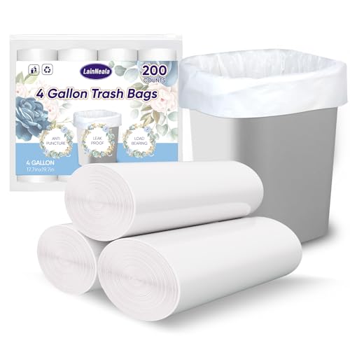 LainNeala Small Trash Bags 4 Gallon, 200 Count Small Garbage Bag Bathroom White Mini Trash Bag Trash Can Liners Unscented Garbage Bags for Bathroom Can