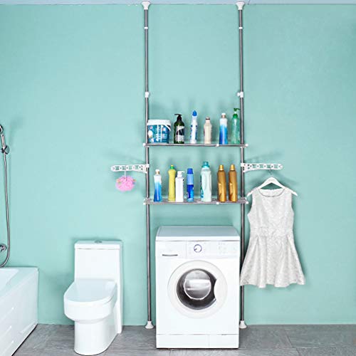 Hershii 2-Layer Over The Toilet Storage Standing Shelf Units Bathroom Space Saver Adjustable Laundry Shelf Clothing Rack Hanger Organization Double Tension Pole