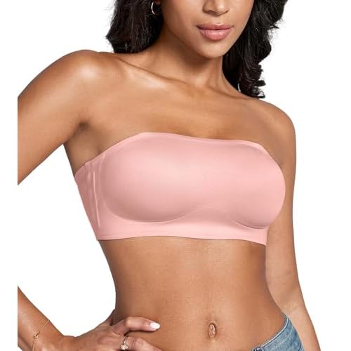 DEANGELMON Strapless Bras for Women Non-Slip Silicone Bandeau Seamless Tube Top Bralette Comfy Non Padded Stretchy Stylish Large Pink