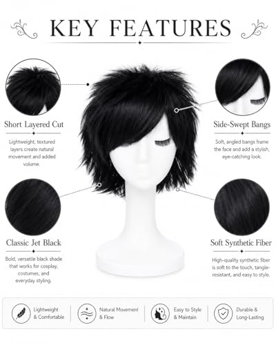 Image of Rose bud Anime Halloween Dark Black Wig for Cosplay Party Synthetic Layered Short Hair Wigs with Bangs Pastel Funny Wigs for Women Men
