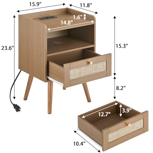 Image of MECHYIN Night Stand Set 2, Nightstands Set of 2 with Charging Station, Rattan Side Tables with Solid Wood Legs, Boho Bedside End Table for Apartment Bedroom Dorm Small Space