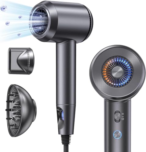 Hair Dryer with Diffuser: Gift for Women Men with 700 Million Hair Care Ions, 37m/s High Speed Blow Dryer with 160000 RPM, 1500W, 5 Heat & 2 Speed Setting, Low Noise Thermo-Control (Metallic Gray)