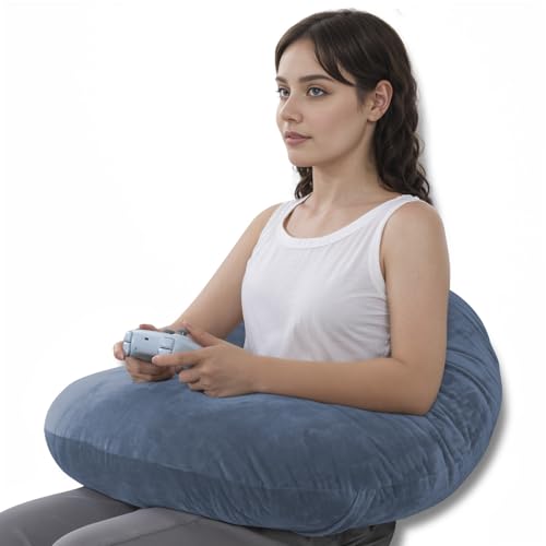 Image of QUEEN ROSE Reading Pillow, Gaming Pillow for Lap, Sitting in Bed or Sofa, Extra Arm Rest for Reading, Playing or Crocheting, Soft Velvet Blue