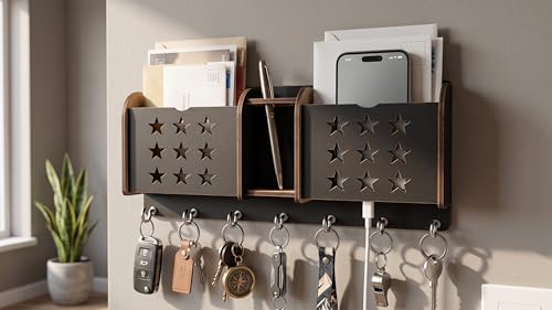 Image of Wall Mount Key Holder & Mail Organizer | Laser-Cut Key Hanger with 7 Metal Hooks, Letter Rack & Pen Stand | Wooden Wall Decor for Entryway, Living Room, Home & Office (Star)