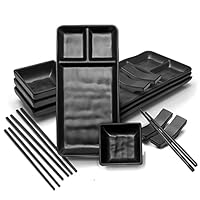 Goliber Servizio Piatti Giapponese per Sushi in Melamina(16 pcs) - Include 4 Piatti di Sushi, 4 Ciotoline Per Salse, 4 Set Bacchette Giapponesi e 4 Porta Bacchette - Servizio Giapponese (Nero)