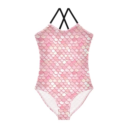 senya Girls Swimsuits One-Piece Swimwear Tie Bathing Suit Beach Summer Round Neck 7-8T Pink Scale Pattern