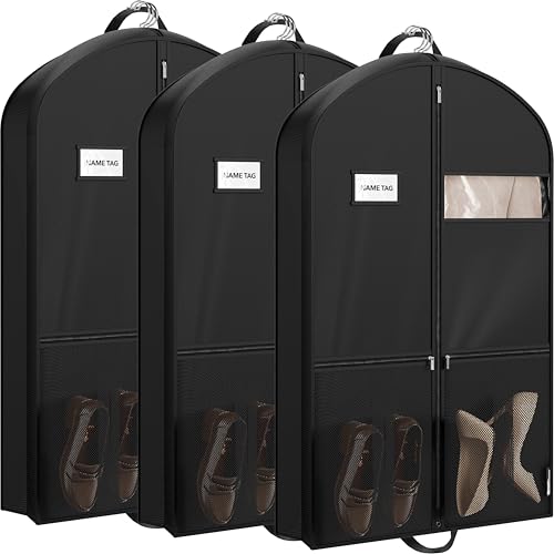 Simple Houseware 43-Inch Travel Garment Bag with Pockets, Non-Woven | Lightweight, Black, 3 Pack