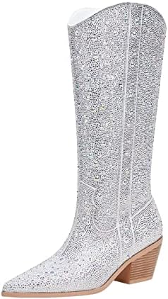 vimitty Women's Rhinestones Cowboy Boots Western Knee High Boots,Sparkly Pointed Toe Mid Calf Boots Chunky Block Heel Cowgirl Boots with Pull On Taps