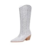 vimitty Women's Rhinestones Cowboy Boots Western Knee High Boots,Sparkly Pointed Toe Mid Calf Boots