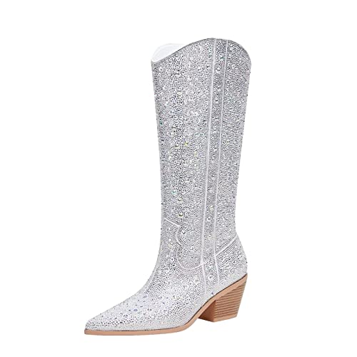 Vimitty Women's Rhinestones Cowboy Boots Western Knee High Boots,Sparkly Pointed Toe Mid Calf Boots Chunky Block Heel Cowgirl Boots With Pull On Taps #TOP3