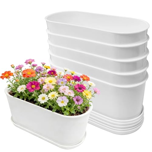 SORANGEUN 5-Pack White Herb Planter Box with Drip Trays, 8.5 Inch Small Oval Window Planters for...