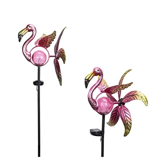 Flamingo Wind Spinner Solar Garden Stake Lights - Cracked Glass Ball Waterproof Outdoor Flamingo Decor Pathway Lights for Garden Patio Lawn (1 Pack)