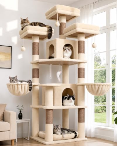 Image of Globlazer Big XL Cat Tower for Indoor Multiple Cats, F68B, Beige | 68 inch Cat Tower for Adult Cats Cat Tree with Scratching Post, 3 Perches, 2 Condos, 2 Basket, Removable Pet Bed