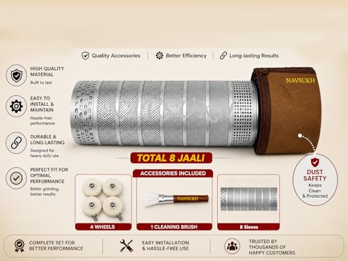 Image of NAVSUKH Prima Plus Atta Chakki | Stainless Steel Grinder | 10-12 Kg /Hr Capacity | 8 Sieve Sizes, Grinds 50+ Grains, Pulses, Spices | Low Power(0.75 Unit /Hr) | 35Years Chamber Warranty | Less Noise