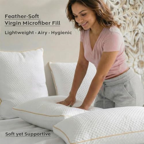 Image of AYKA Super Soft Microfiber Bed Pillow | Virgin Fiber Filled Plush Pillow | Adequate Firmness & Neck Support | Hypoallergenic, Washable | Ideal for Side, Back & Stomach Sleepers | White | Pack of 2