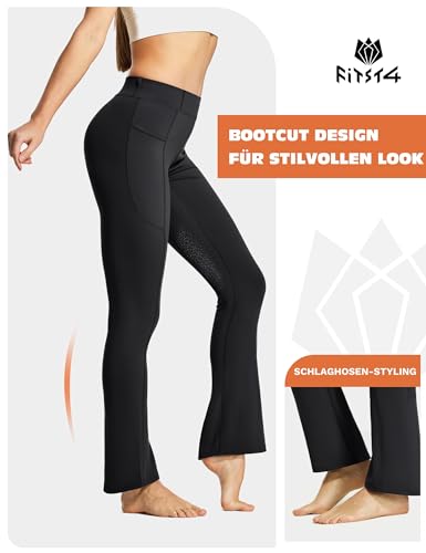 FitsT4 Sports Damen Reithose Bootcut Reitleggings Silikon Vollbesatz Schlaghose Reithose mit Handytasche und Gürtelschlaufen für Reitsport Pferdetraining Reitturnier,Schwarz,M