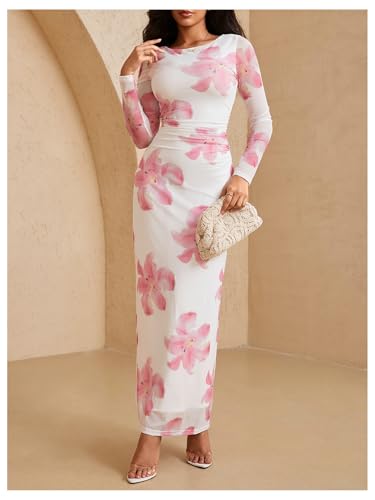 Image of Milumia Women's Floral Print Sheer Dress Crew Neck Long Sleeve Bodycon Maxi Dresses
