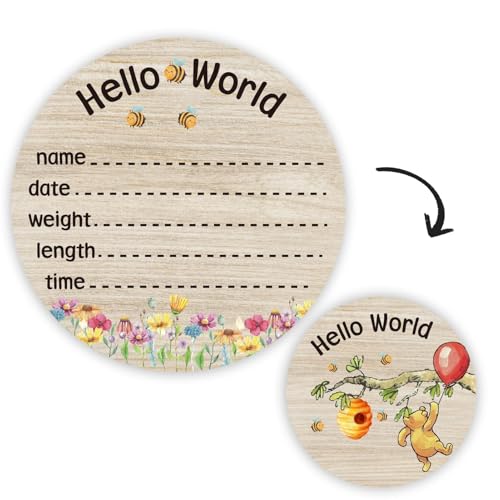 Image of Baby Bear Newborn & Birth Announcement Sign, Hello World Newborn Baby Name Sign 6inch Double Sided