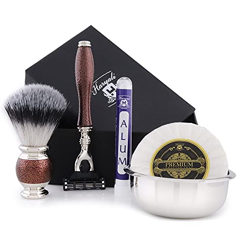 Complete Vintage Style Men's Shaving Set >Synthetic Hair Brush, Triple Edge Cartridge Razor, Engraved Bowl & Soap| Free Alum Stick Pencil. Perfect Set for Men's